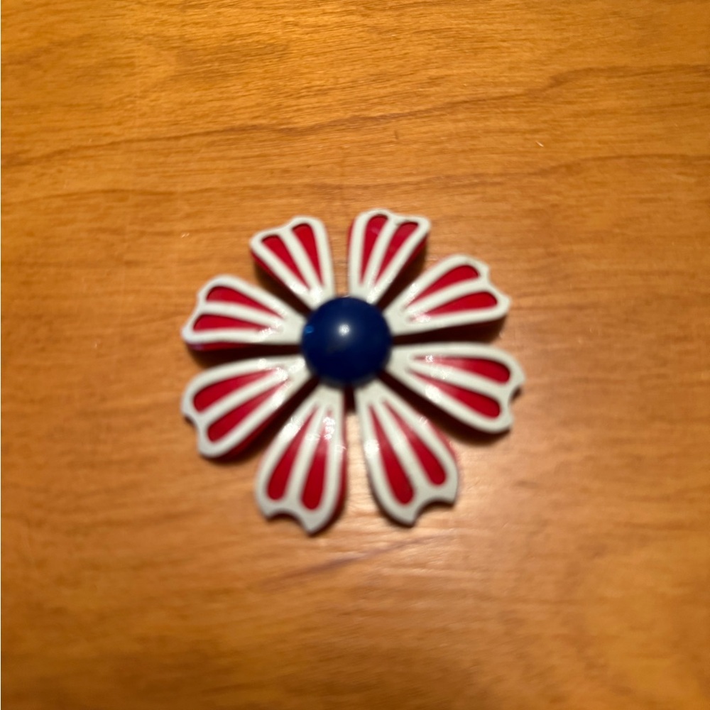 Red and White Enamel Floral Brooch with Blue Center